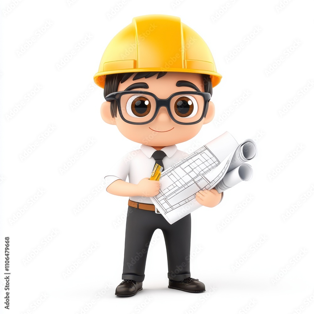 Cute Cartoon Character of a Young Male Construction Worker Holding Blueprints and Wearing a Hard Hat and Glasses in a Bright and Cheerful Style Cute Cartoon Character of a Young Male Construction Worker Holding Blueprints and Wearing a Hard Hat and Glasses in a Bright and Cheerful Style