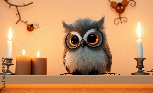 owl christmas Shelf with a halloween owl and candles  animal, decoration, season, bird photo