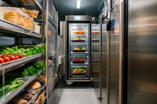 Fresh produce and organized storage in a modern restaurant kitchen. Generative AI photo