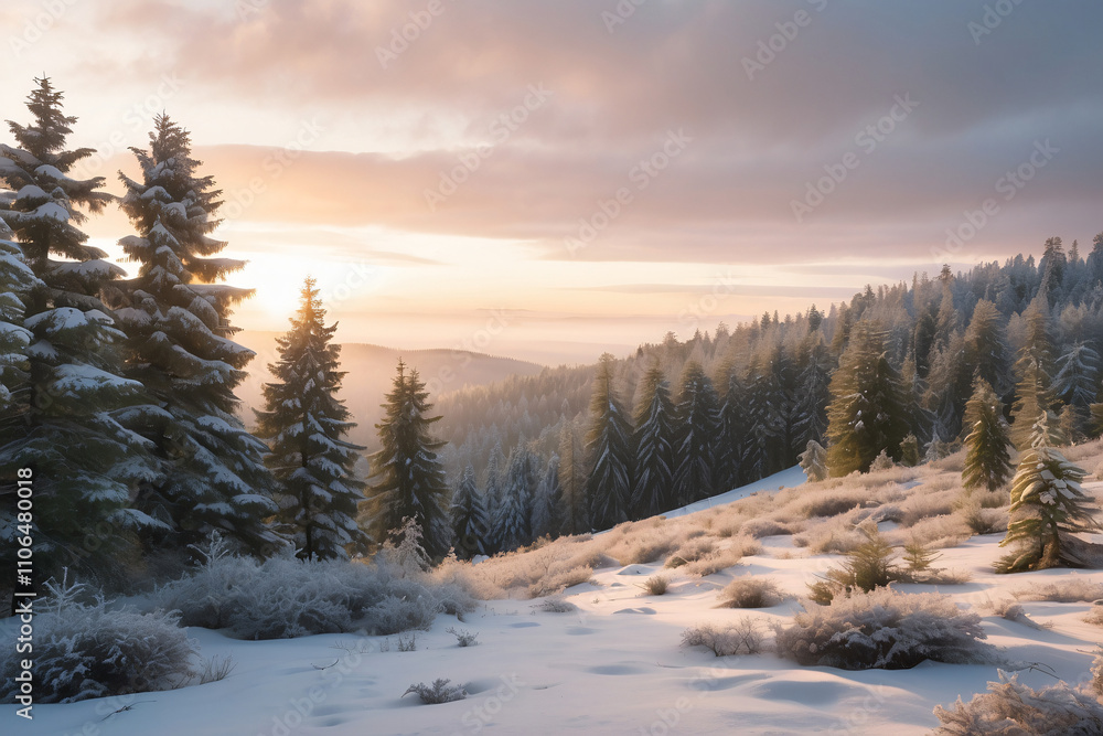 A serene winter landscape with snow-covered trees and a soft sunrise. A serene winter landscape with snow-covered trees and a soft sunrise.