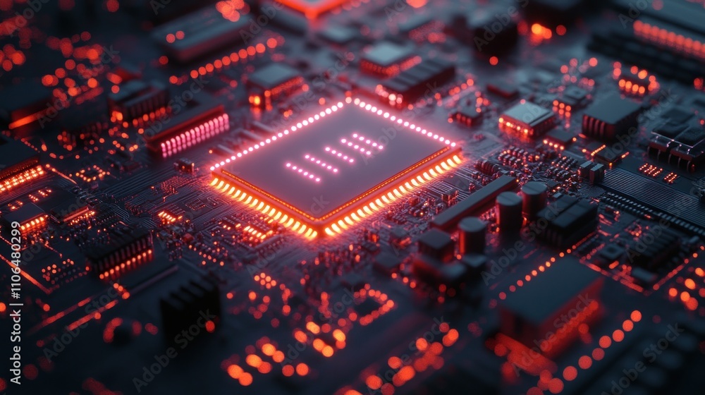 Close-up of a glowing red CPU chip on a circuit board. Close-up of a glowing red CPU chip on a circuit board.