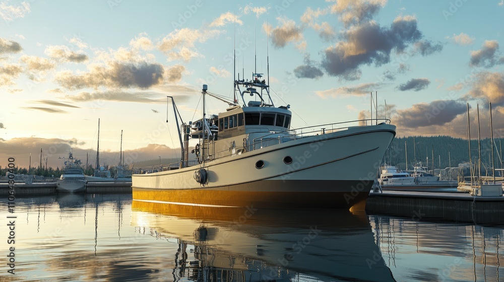 Naklejka premium Fishing boat docked at marina during sunset with calm waters