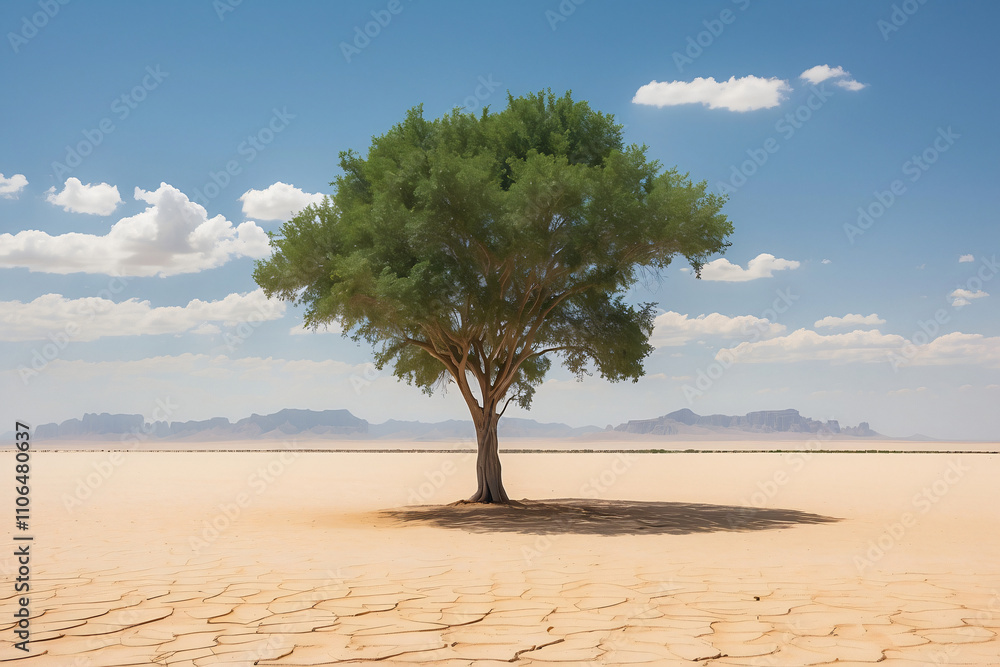 A solitary tree stands resilient in a dry, cracked landscape under a bright blue sky. A solitary tree stands resilient in a dry, cracked landscape under a bright blue sky.