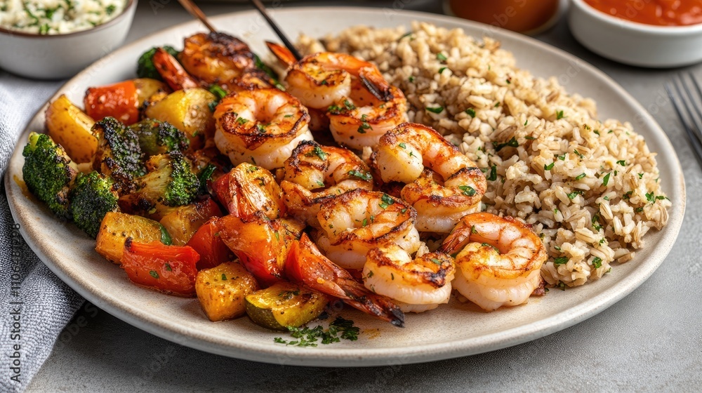 Grilled Shrimp with Colorful Vegetables and Brown Rice on Plate Grilled Shrimp with Colorful Vegetables and Brown Rice on Plate