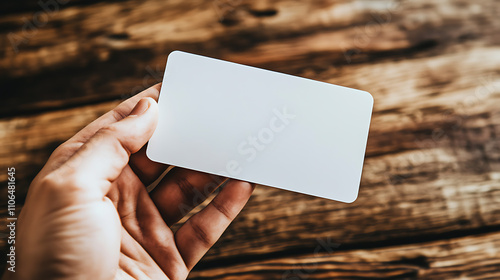 A hand holds a blank white card with rounded corners, a plain call-card template, showcasing plastic credit namecards, ideal for checking offset designs and business branding photo