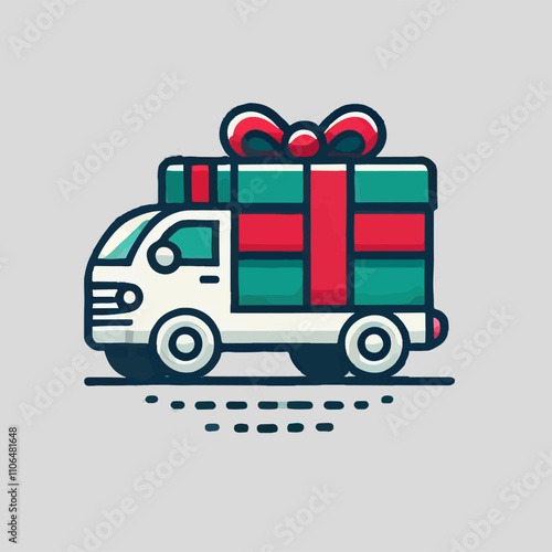 A flat-style illustration of a truck carrying a large Christmas gift box with a red ribbon, symbolizing festive gift delivery and holiday logistics. 