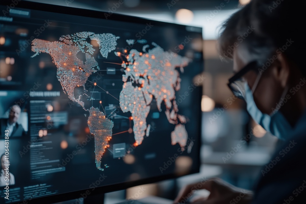 A focused individual examines a digital map with data connections displayed on a screen, representing advanced technology and global analysis. A focused individual examines a digital map with data connections displayed on a screen, representing advanced technology and global analysis.