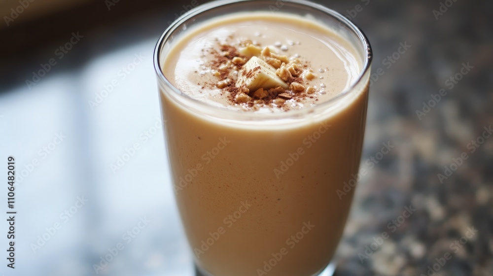Creamy Smoothie Topped with Crunchy Nuts in a Clear Glass Creamy Smoothie Topped with Crunchy Nuts in a Clear Glass