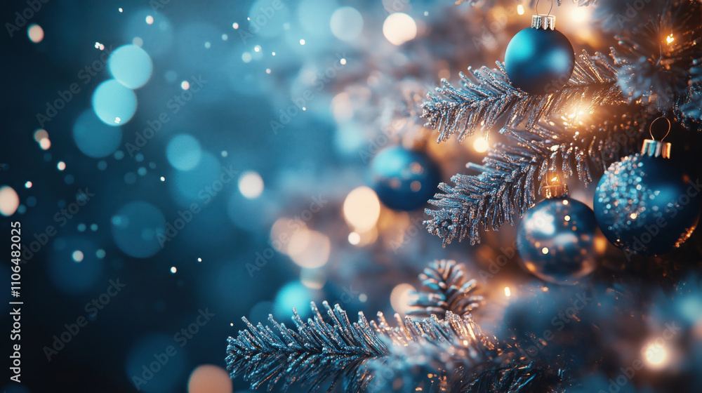 Festive Christmas tree background with blue and silver ornaments, glowing blue bokeh lights in the background and free copy space for text placement Festive Christmas tree background with blue and silver ornaments, glowing blue bokeh lights in the background and free copy space for text placement