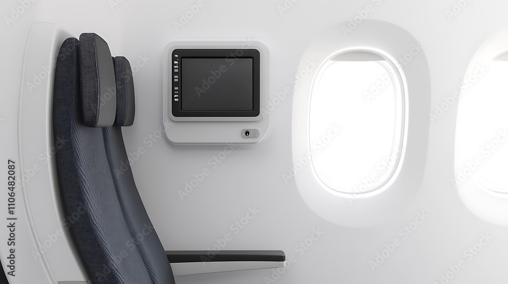 An isolated image of a passenger seat with an aircraft monitor, set against a white background An isolated image of a passenger seat with an aircraft monitor, set against a white background