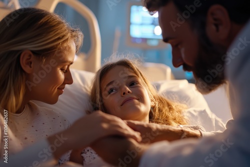 A joyful moment capturing a child smiling while surrounded by family in the hospital, beautifully depicting love, care, and support during trying times.