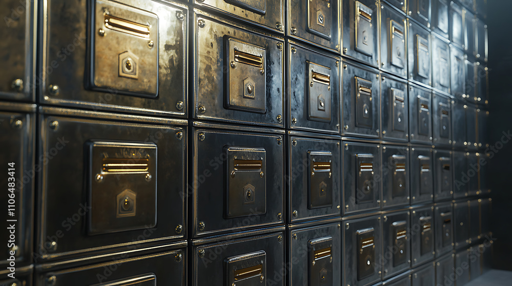 Fototapeta premium Safe deposit boxes and realistic lockers for safe keeping in 3D, A group of steel vaults with code locks for personal use in subterranean or basement storage