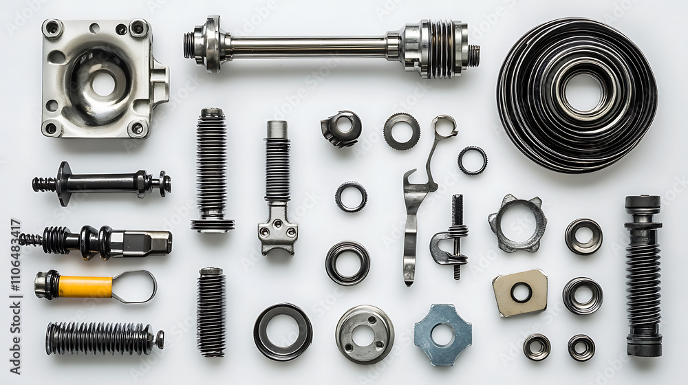 Sapre parts, White background with an auto motor mechanic spare or automotive component, new metal car part set, auto engine repair Sapre parts, White background with an auto motor mechanic spare or automotive component, new metal car part set, auto engine repair