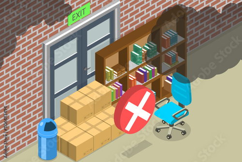 3D Isometric Flat Vector Illustration of Blocked Fire Exit, Emergency Preparedness Measures