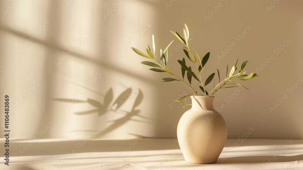 Elegant Mediterranean Scene: Beige Vase with Olive Branch on Table. Elegant Mediterranean Scene: Beige Vase with Olive Branch on Table.