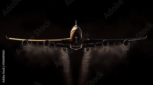 An outdoor transportation photograph capturing a jumbo jet leaving high trails in a black sky