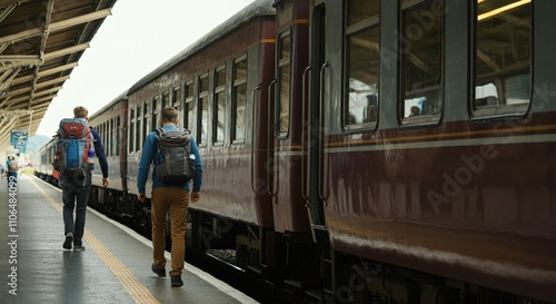 Wallpaper Mural Travelers boarding a train at a scenic countryside station Torontodigital.ca