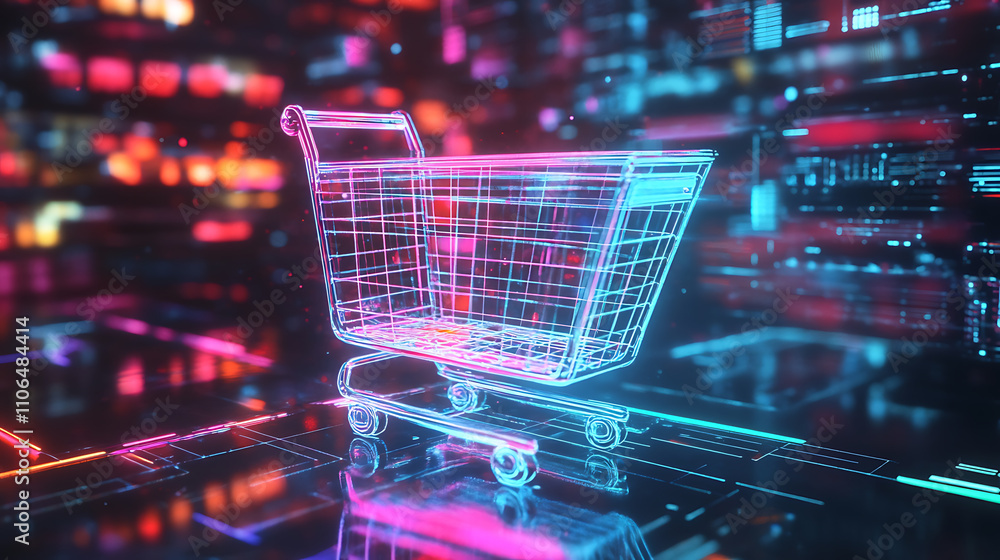 Digital concept art of online shopping Featuring a vibrant shopping cart icon over a soft Technological background Symbolizing the ease and convenience of e-commerce Digital concept art of online shopping Featuring a vibrant shopping cart icon over a soft Technological background Symbolizing the ease and convenience of e-commerce