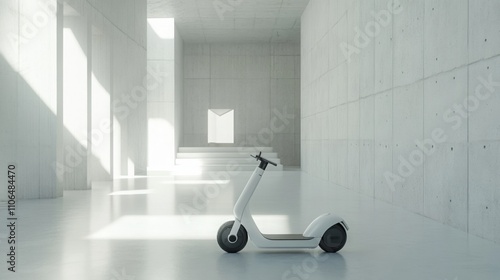 A sleek electric scooter stands prominently in a spacious, contemporary environment characterized by smooth concrete walls and abundant natural light. The design exudes simplicity and modernity.