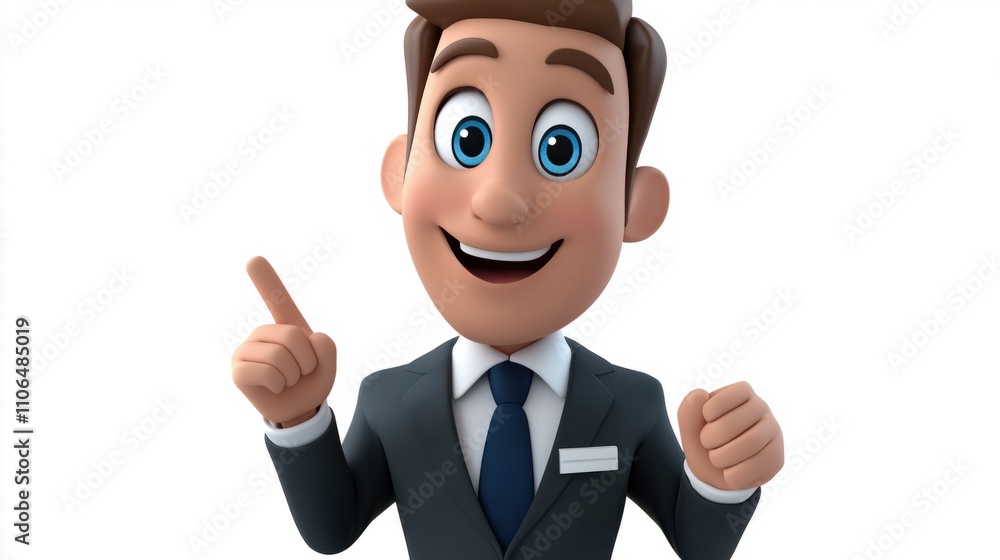 Animated 3D cartoon salesperson in a suit and tie, pointing to a digital screen, isolated on white Animated 3D cartoon salesperson in a suit and tie, pointing to a digital screen, isolated on white
