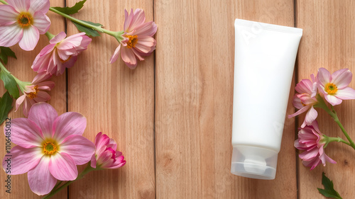 A bottle of lotion sits on a wooden table next to a bunch of pink flowers