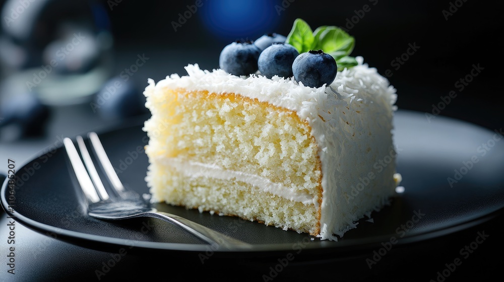Delicious Creamy Coconut Cake Slice with Blueberries and Mint Leaf Delicious Creamy Coconut Cake Slice with Blueberries and Mint Leaf