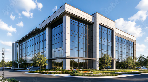 A sleek and modern office building exterior featuring clean lines and architectural elegance