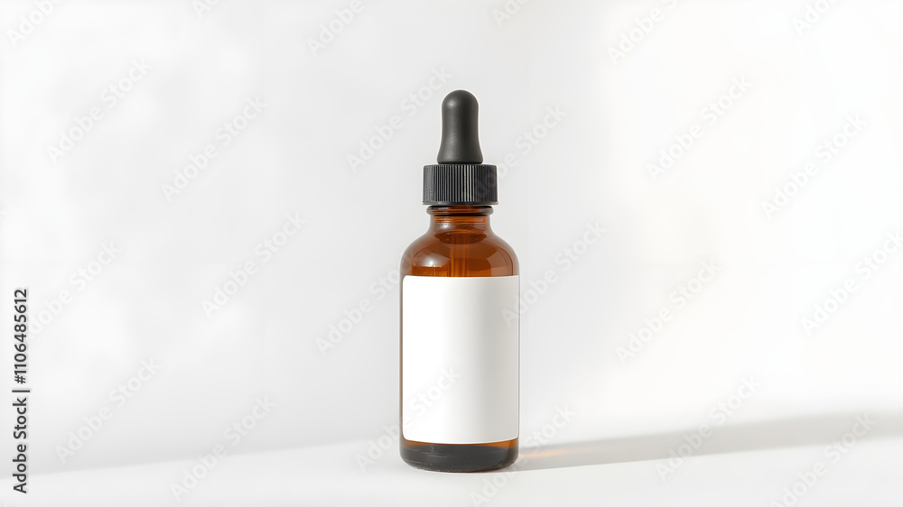 A bottle of oil with a white label sits on a white surface A bottle of oil with a white label sits on a white surface
