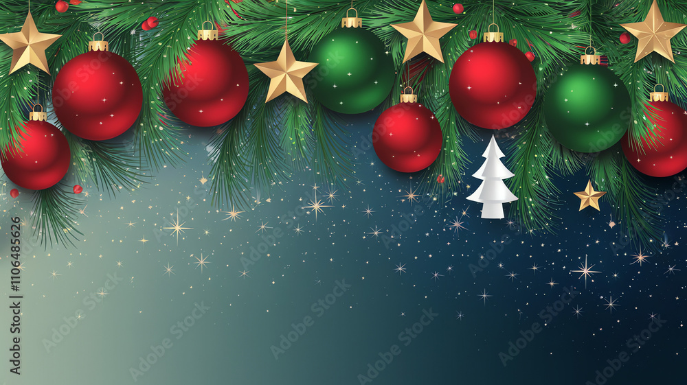 Naklejka premium Festive Christmas decorations featuring red and green ornaments against a sparkling winter background, space for text or message