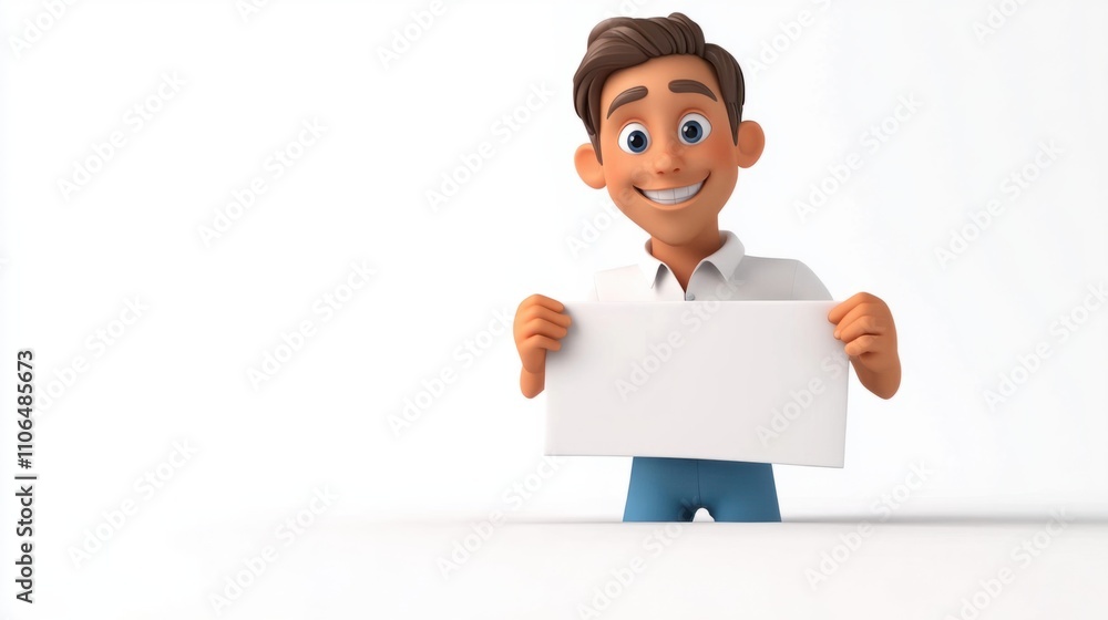 Enthusiastic 3D cartoon salesperson presenting a sale banner, isolated on a clean white background Enthusiastic 3D cartoon salesperson presenting a sale banner, isolated on a clean white background