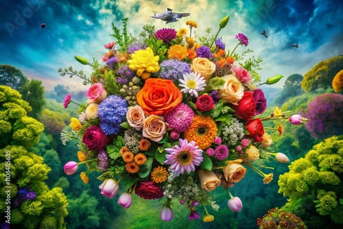 Aerial View of Vibrant Watercolor Bouquet of Flowers Captured by Drone, Showcasing Lush Colors and Artistic Flair in a Beautiful Natural Setting