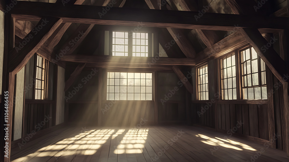 A room in a barn where there are wooden beams and windows A room in a barn where there are wooden beams and windows