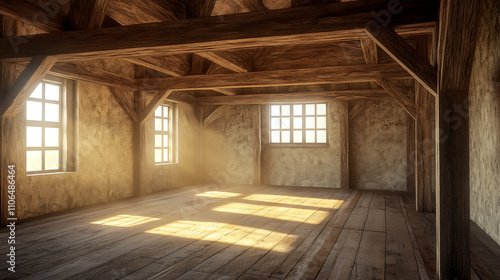 A room in a barn where there are wooden beams and windows