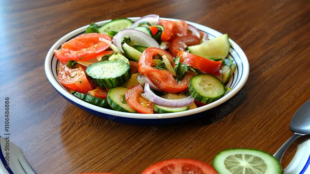 A Refreshing and Vibrant Tomato, Cucumber, and Red Onion Salad in a Bowl on Wooden Table: A Simple, Healthy, and Delicious Meal A Refreshing and Vibrant Tomato, Cucumber, and Red Onion Salad in a Bowl on Wooden Table: A Simple, Healthy, and Delicious Meal