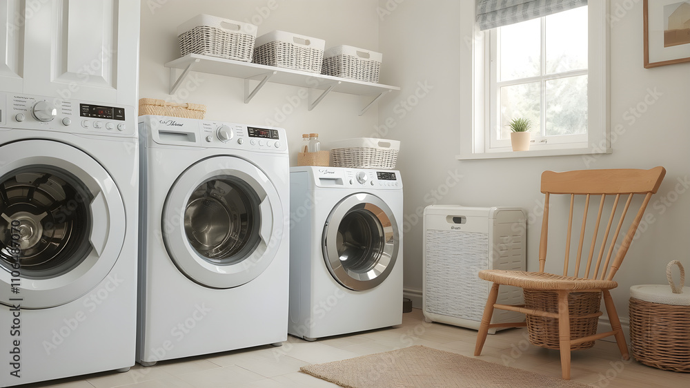 A laundry room with three white washers and dryers, a chair, and a basket A laundry room with three white washers and dryers, a chair, and a basket