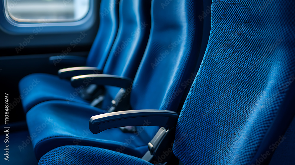 Obraz premium Passenger car seats and armrests in blue and navy blue style, bus seats, easy chairs in navy blue and navy blue, airplane seats