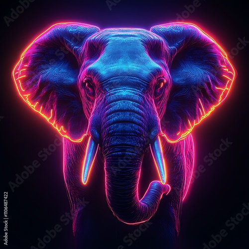 Elephant front view in neon glow vibrant outline image