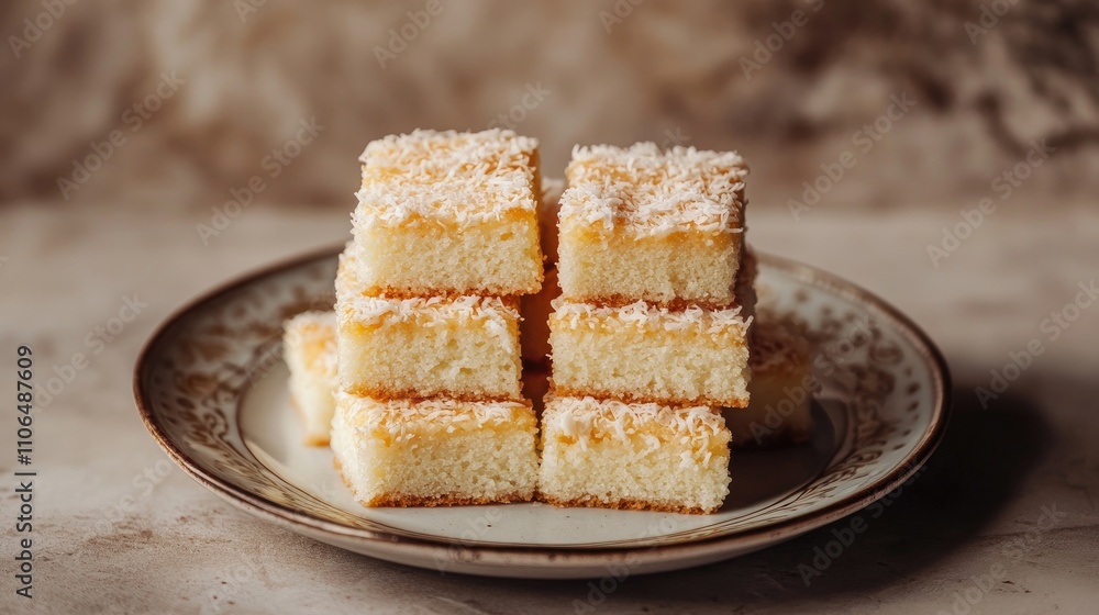 Delicate Coconut Squares on Decorative Plate for Dessert Presentation Delicate Coconut Squares on Decorative Plate for Dessert Presentation