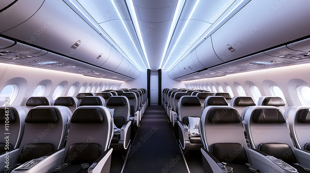 Fototapeta premium Rows of seats line the interior of an airplane cabin, forming the organized layout for passengers during the flight