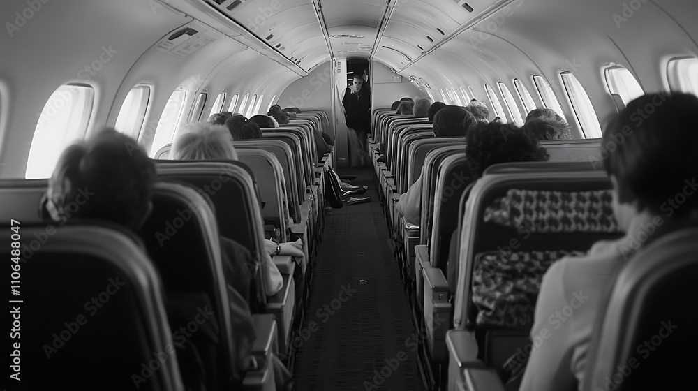 Fototapeta premium The view captures the aisle between rows of passenger seats aboard an international aircraft, offering a glimpse of the interior layout and seating arrangement