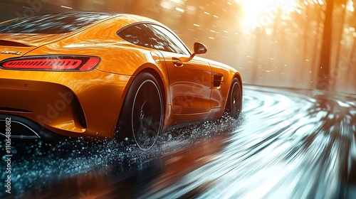 A yellow sports car is driving down a wet road