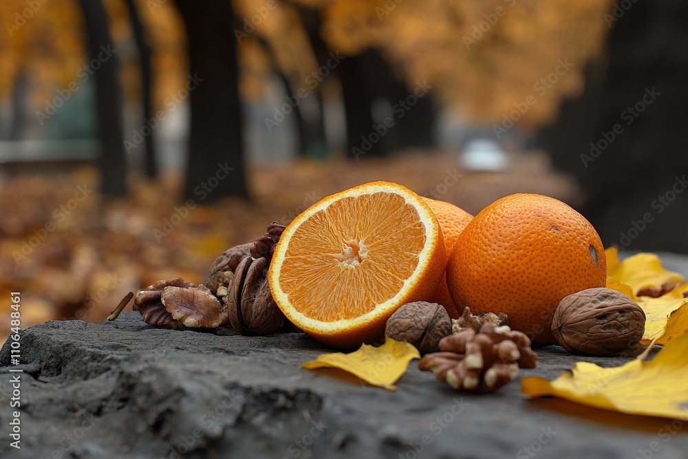 Fresh oranges with nuts and autumn leaves on a rustic surface in a blurred park background showcasing vibrant fall colors and seasonal elements