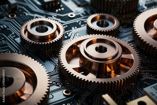 Intricate copper gears on a circuit board create a blend of technology and engineering