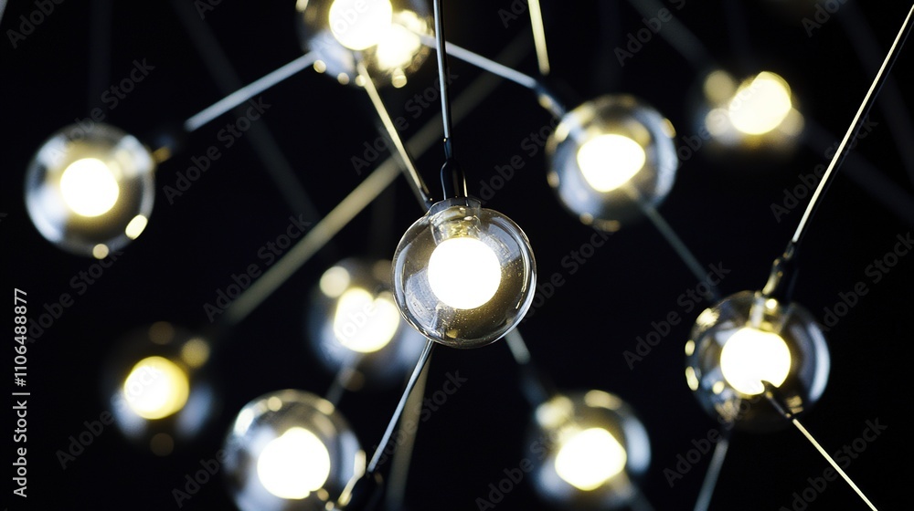 Obraz premium A group of light bulbs interconnected by wires, symbolizing teamwork, collaboration, and the flow of creative ideas. This visual representation highlights the power of collective effort