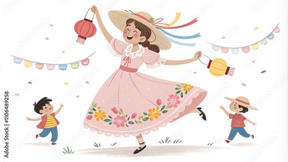 Obraz premium Avatar in Traditional Festival Dress A cheerful female avatar in a light pink traditional festival dress embellished with floral prints spins in delight. She wears ruffled sleeves