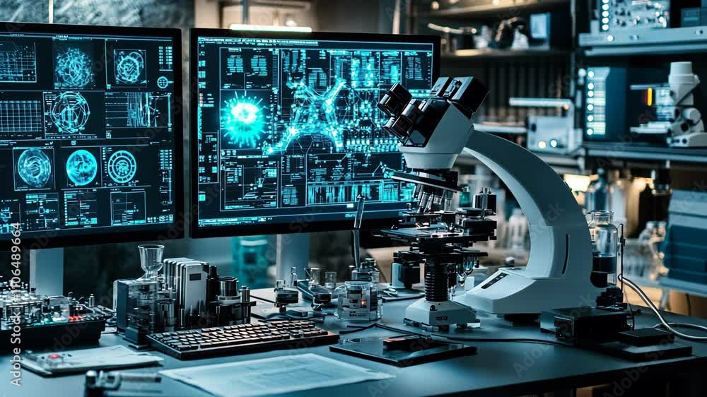 Advanced laboratory setup featuring high-tech microscope and multiple digital displays for scientific research Advanced laboratory setup featuring high-tech microscope and multiple digital displays for scientific research