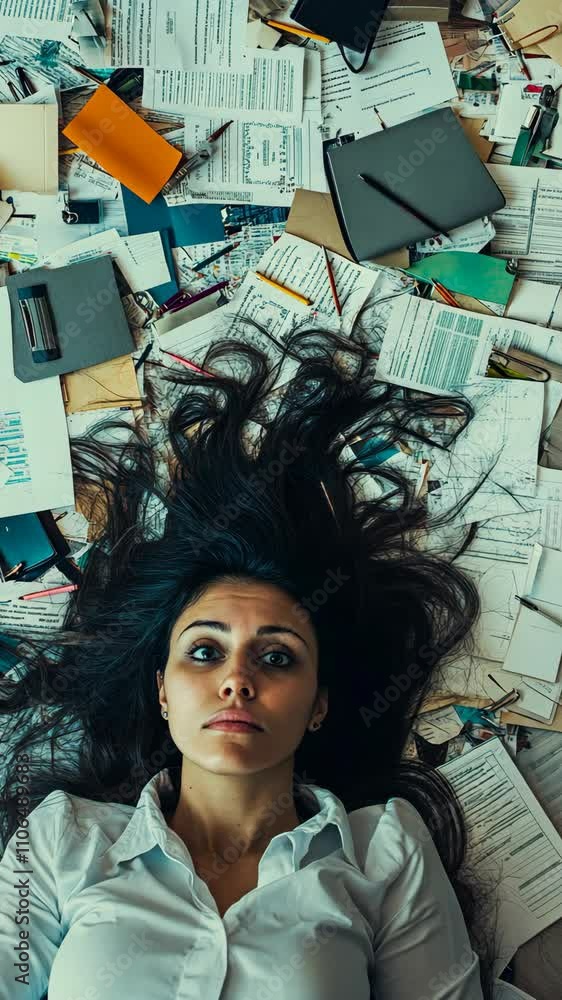 Woman lying on the floor surrounded by scattered papers and office supplies in a cluttered workspace