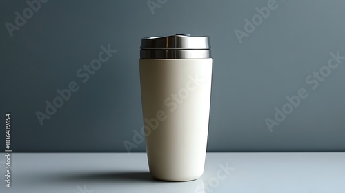 A white coffee cup sits on a table
