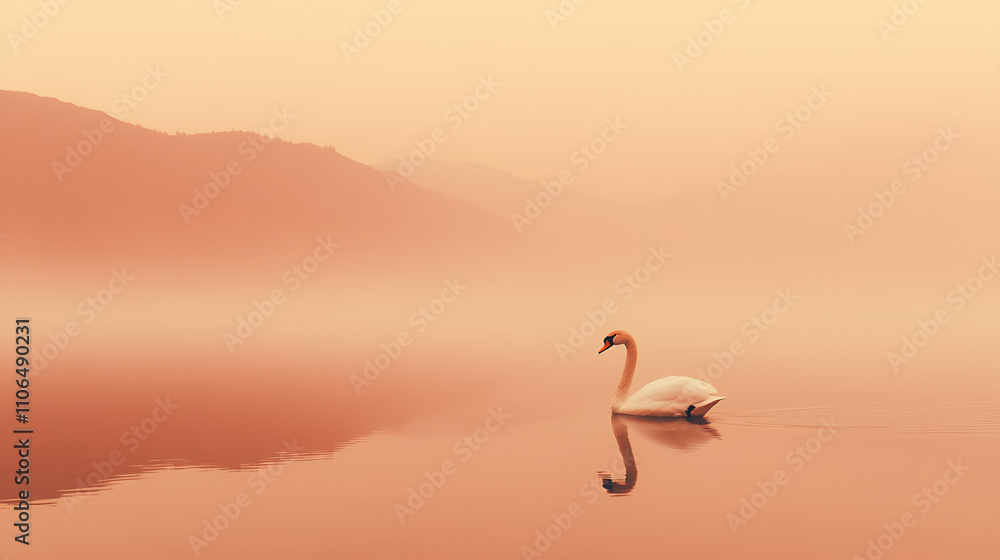 Naklejka premium Elegant White Swan Gliding on a Tranquil Misty Lake with a Soft Peach Glow