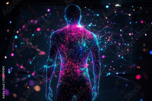 Futuristic Silhouette of a Human Figure Surrounded by Glowing Particles and Vibrant Connections in a Digital Cosmos of Light and Technology